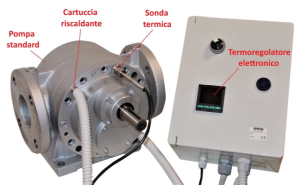 Dettaglio dei componenti del kit Pompe Casali: pompa standard, cartuccia riscaldante, sonda termica e termoregolatore elettronico. 