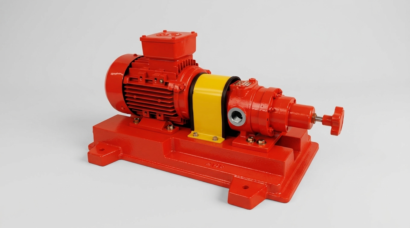 Gruppo Moto-pompa Completo Serie ZV Pompe Casali: Pompa Ad Ingranaggi A Bocche Filettate Con Valvola Di Sovrappressione, Lanterna Di Flangiatura Gialla, Motore Elettrico Rosso Certificato ATEX E Basamento In Ghisa, Per Dosaggio Di Precisione Di Fluidi Viscosi E Lubrificanti In Ambito Industriale E Motorsport