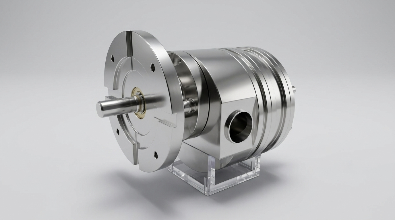 Pompa Volumetrica Igienica Serie FX Pompe Casali Interamente Costruita In Acciaio Inossidabile Lavorato Dal Pieno CNC, Corpo Cilindrici Con Nervature Di Termoregolazione Per Camicia Di Riscaldamento O Raffreddamento, Bocca Laterale Filettata, Flangia Di Accoppiamento Motore Con Albero Sporgente E Basamento Trasparente In Stile Studio Shot, Per Pompaggio Di Fluidi Sensibili In Settore Alimentare, Cosmetico E Farmaceutico Con Predisposizione Lavaggio CIP